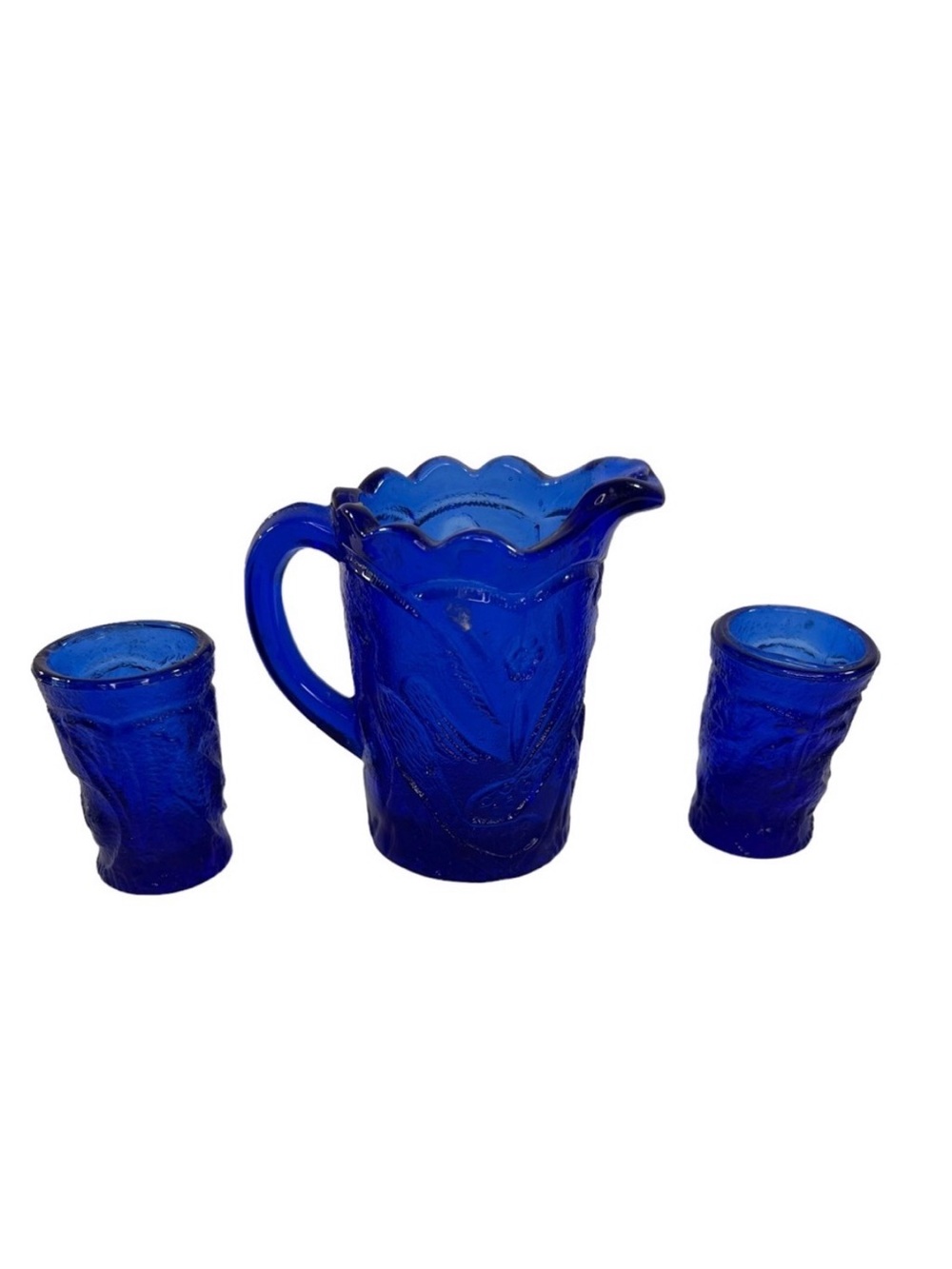 Vinatage 1960’s Mini Cobalt Blue Pressed Glass Pitcher Peacock Pattern & Glasses